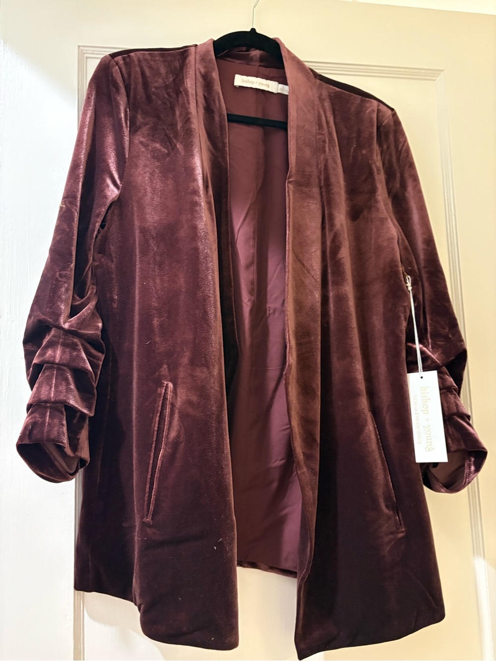 bishop + young Velvet Open-Front Blazer in Deep Mauve